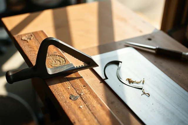 Jeweler's saw blade cutting a tight corner in silver sheet on a bench pin. Jeweler's saw problems: broken blades, wandering cuts, seized corners and burrs