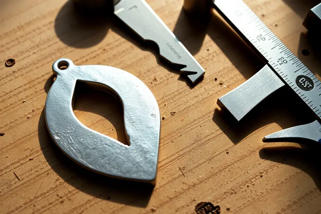 Pierced silver pendant blank with broken saw kerf beside ruler and calipers. Correcting a pierced silver pattern without losing symmetry case