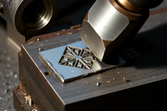 Silver sheet with double-strike impression, torn edge and drifting stamped motifs under raking light. Silver stamping problems: double strikes, drifting patterns and uneven depth