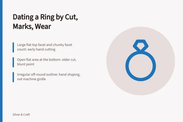 Antique engagement ring under a jeweller's loupe showing old cut and wear. Dating an engagement ring from cut, marks, and wear alone