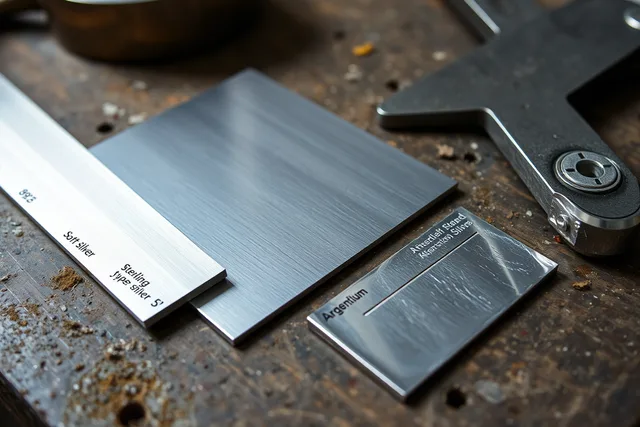 Fine silver, sterling, Argentium-type alloy, and silver-plated sheet samples compared on a jeweller's bench. Fine silver, sterling silver, Argentium-type alloys, and silver plate compared