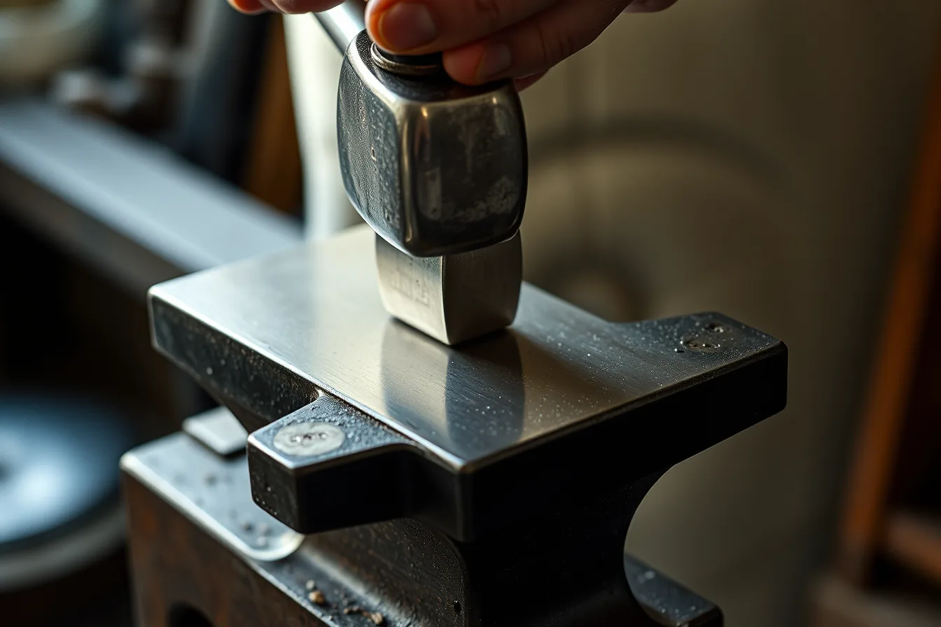 Silversmith hammering silver sheet on a polished steel stake. Silver forming checklist: hammer, stake, annealing, measurement and surface control