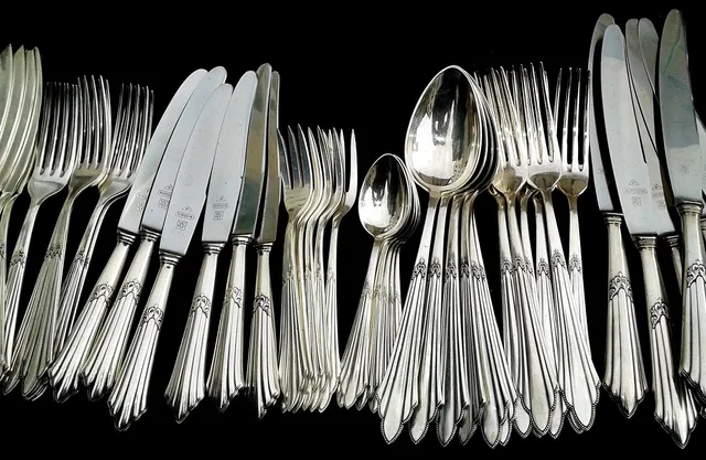 cutlery, silverware, knives, forks, spoons, teaspoons, engraved, silver cutlery, engraving, decorated, antique, silver, metal, utensils, eating utensils, cutlery, cutlery, cutlery, cutlery, silverware, silverware, silver, silver, silver, silver, silver, metal, utensils, utensils. Silver decoration methods compared: hammer texture, stamping, chasing and engraving