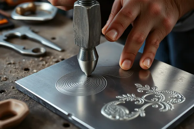 Chasing punch and hammer forming relief on silver sheet in pitch. Silver decoration methods compared: hammer texture, stamping, chasing and engraving
