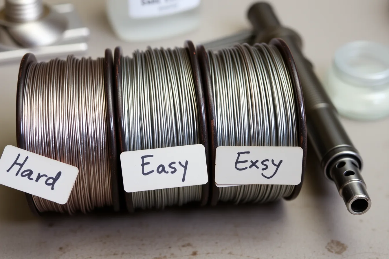 Four labeled coils of silver solder wire in hard, medium, easy, and extra-easy grades. Hard, medium, easy, and extra-easy silver solder compared