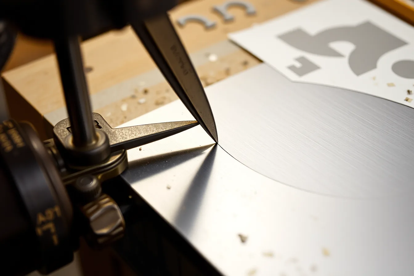 Jeweler's saw blade cutting a curved profile through a silver sheet. Jeweler's saw, snips, disc cutter, and powered cutting methods compared