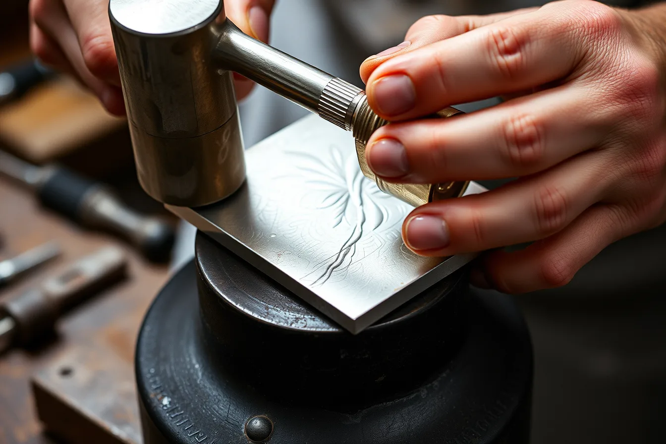 Silversmith hammering silver sheet on pitch bowl. Pattern layout, support, tool, strike, depth, and finish checklist