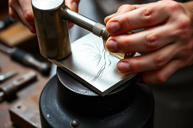 Silversmith hammering silver sheet on pitch bowl. Pattern layout, support, tool, strike, depth, and finish checklist