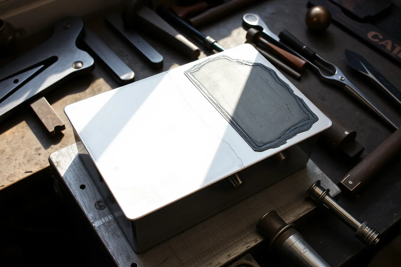 Silversmith's bench with a partly formed silver box, files, hammer and visible scratch. Silversmithing workmanship problems: poor fit, distorted metal and heat damage