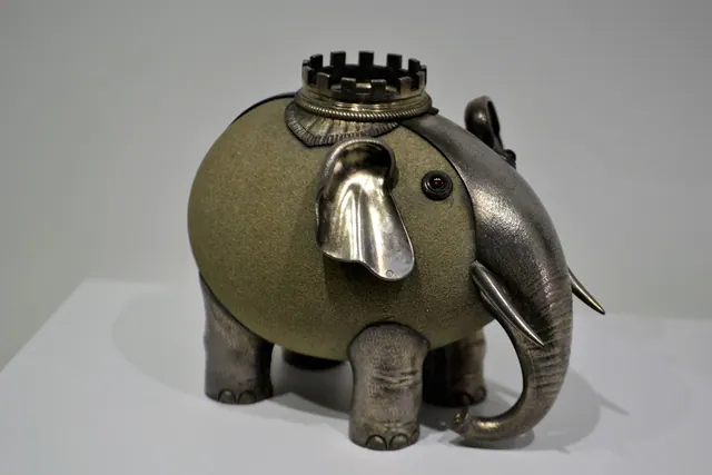 elephant, jewels, antique, piggy bank, jewelry, decoration, gallery, green, silver, platinum, hand made, crafted, rare, photography, white background, trunk, four legged, creation,
