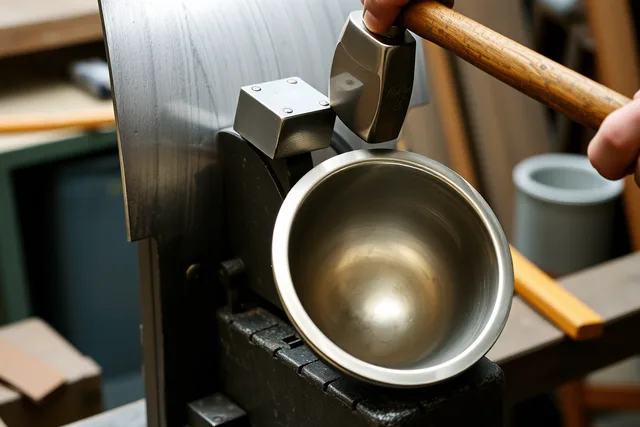 Silversmith hammering silver sheet over a stake to raise a hollow vessel. Raising, sinking, forging, bending, and die forming compared