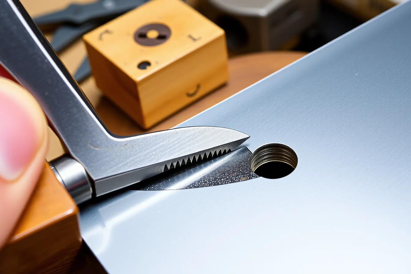 Jeweler's saw cutting a curved piercing through silver sheet held in a bench pin. Jeweler's saw checklist: frame, blade, bench pin, layout and cut quality