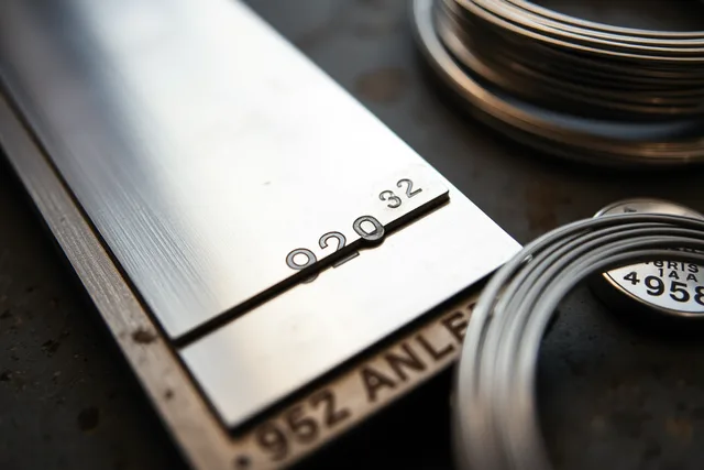 Sterling silver 925 sheet and wire with a stamped hallmark on a jeweller's bench. Silver alloys guide: fineness, composition, properties, marks, and testing