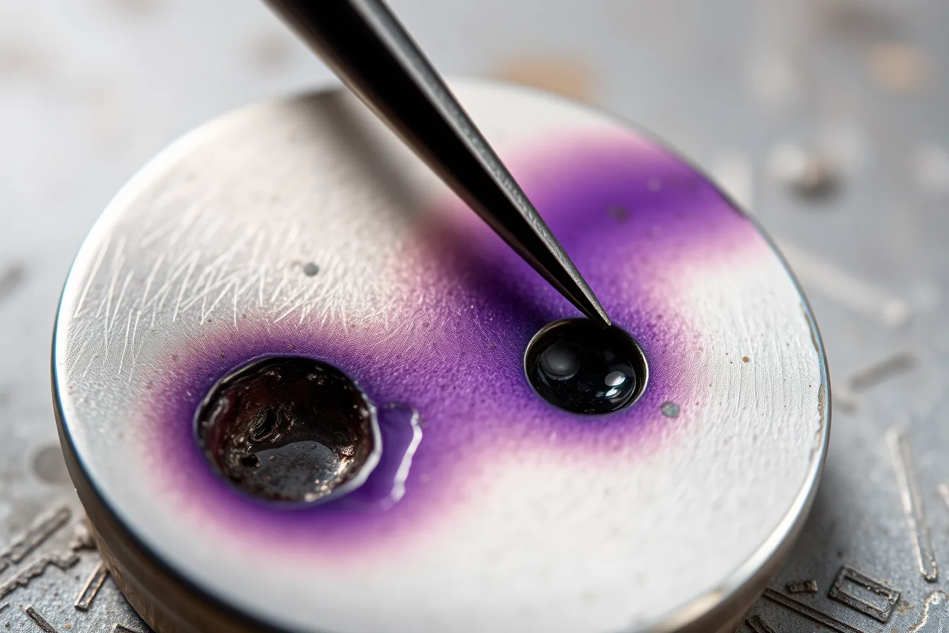 Gray-purple firestain on silver after heating and finishing. Firestain, porosity, contamination, mixed alloys, and misleading marks