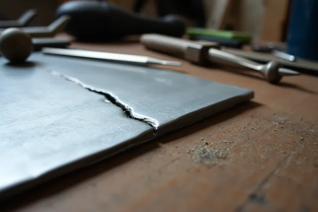 Cracked silver sheet workpiece on a jewellery bench after forming. Silver forming problems: cracks, wrinkles, springback and tool marks