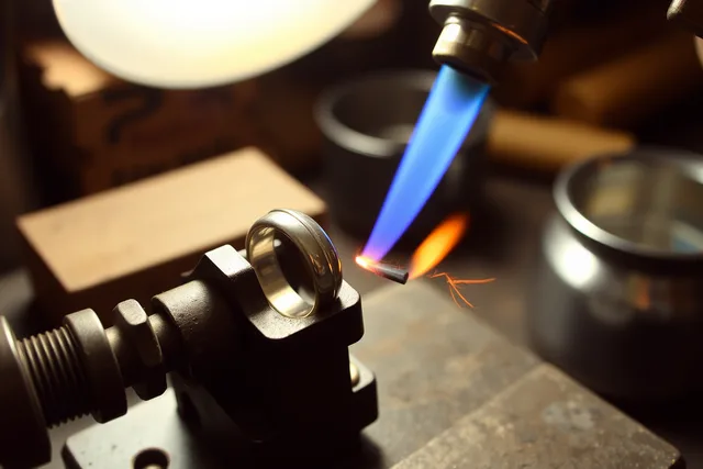 Silver ring soldered at a jeweller's bench with flux and torch flame. How humidity affects silver soldering and storage in US regions