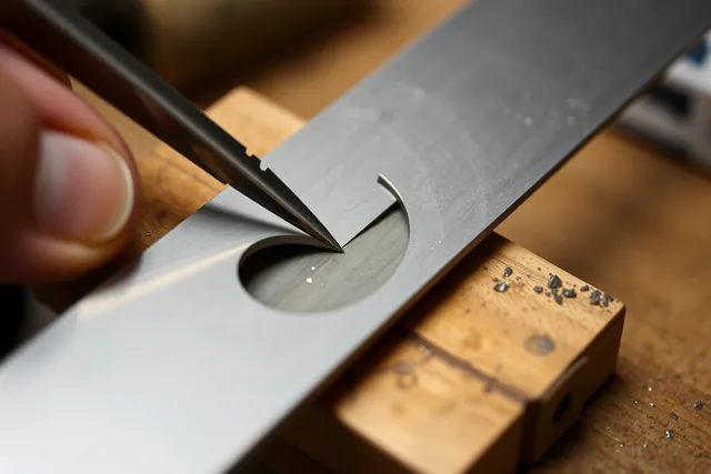 Jeweler's saw cutting a pierced curve in silver sheet on a bench pin. Silver sawing and piercing guide: layout, blades, support, turns, and cleanup