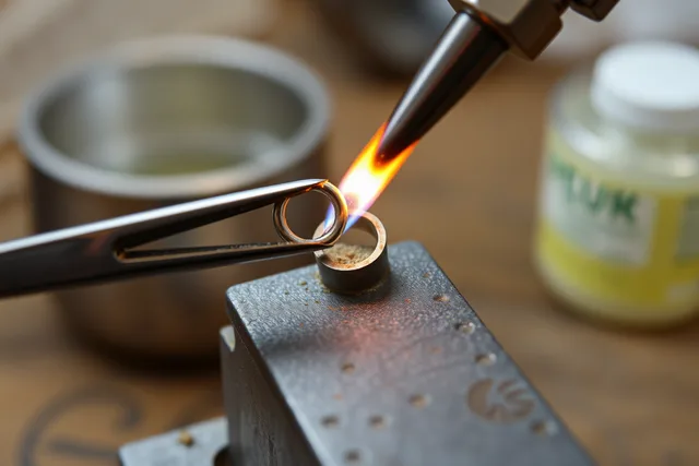 Silver jewellery joint being soldered with flux and solder chip at a bench. Silver soldering problems: solder that will not flow, flooded joints and firestain