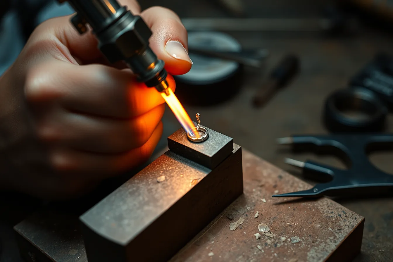 Torch flame heating a fluxed silver jewellery joint on a soldering block. Silver soldering guide: joints, solder, flux, heat, ventilation, and cleanup