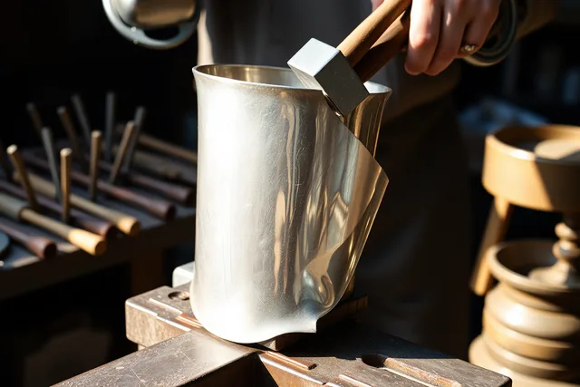 Silversmith hammering silver sheet into a vessel on a stake. Silversmith, goldsmith, jeweler, and metalsmith work compared