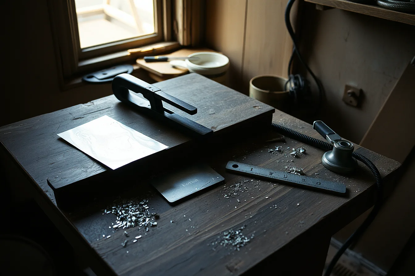 Silversmith cutting silver sheet with jeweler's saw at a workbench. Silversmithing foundations guide: design, metal, tools, sequence, and records