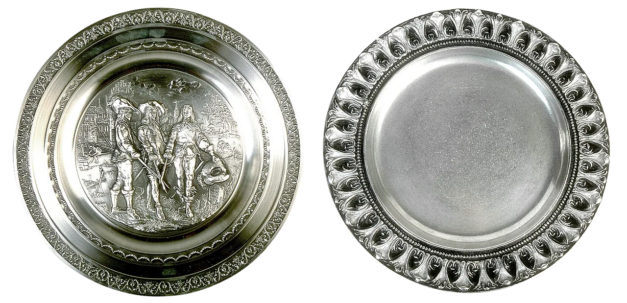 silver plate, tableware, cutlery, decorative dish, decoration, hammered dish, serving, musketeers, three musketeers, silver plate, silver plate, silver plate, silver plate, silver plate. How Can You Tell Sterling Silver from Silver Plate at a US Thrift Store?