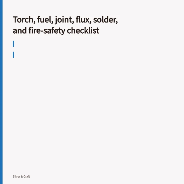 Silver soldering torch setup with fuel cylinder, regulator, hoses, and lit torch on a clean bench. Torch, fuel, joint, flux, solder, and fire-safety checklist