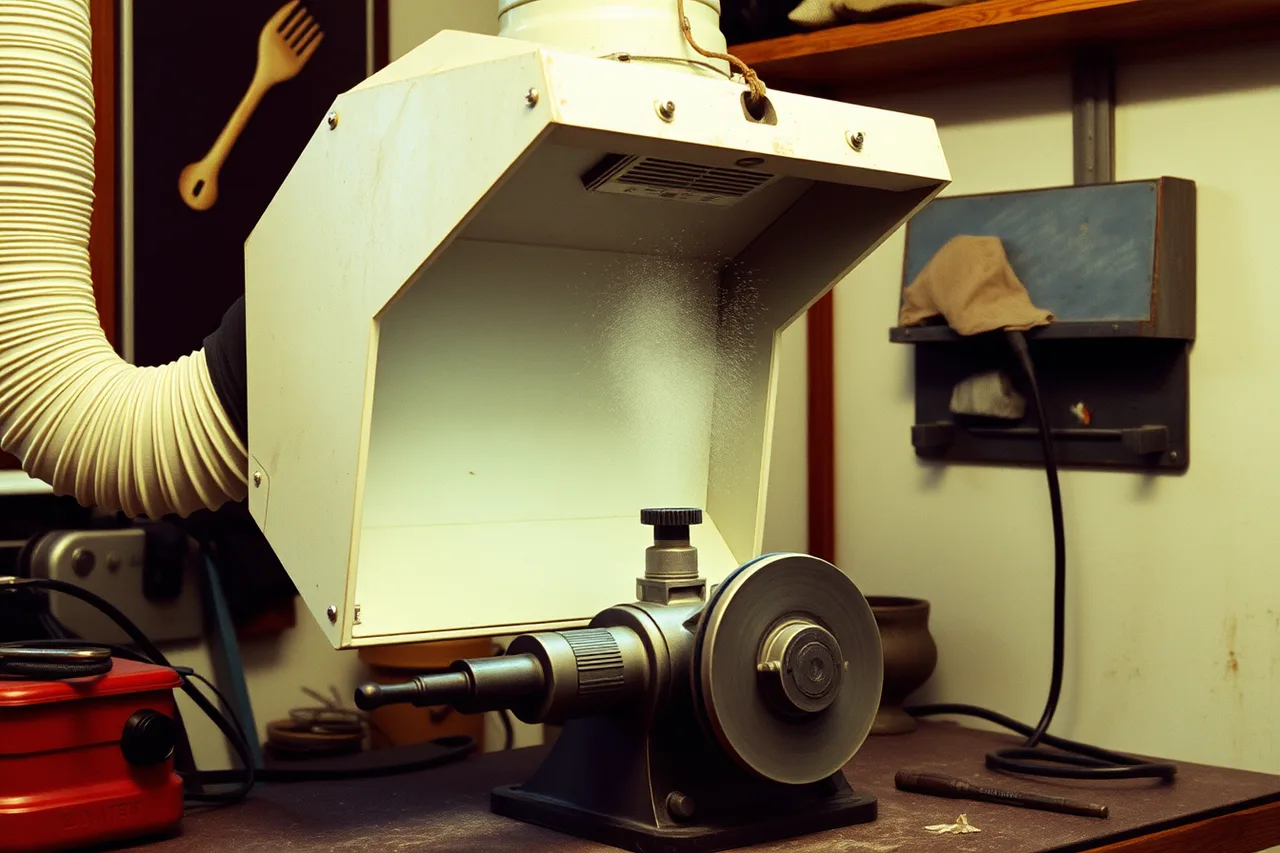 Extraction hood capturing dust at a polishing wheel (Silver finishing safety checklist: abrasives, compounds, wheels and extraction)