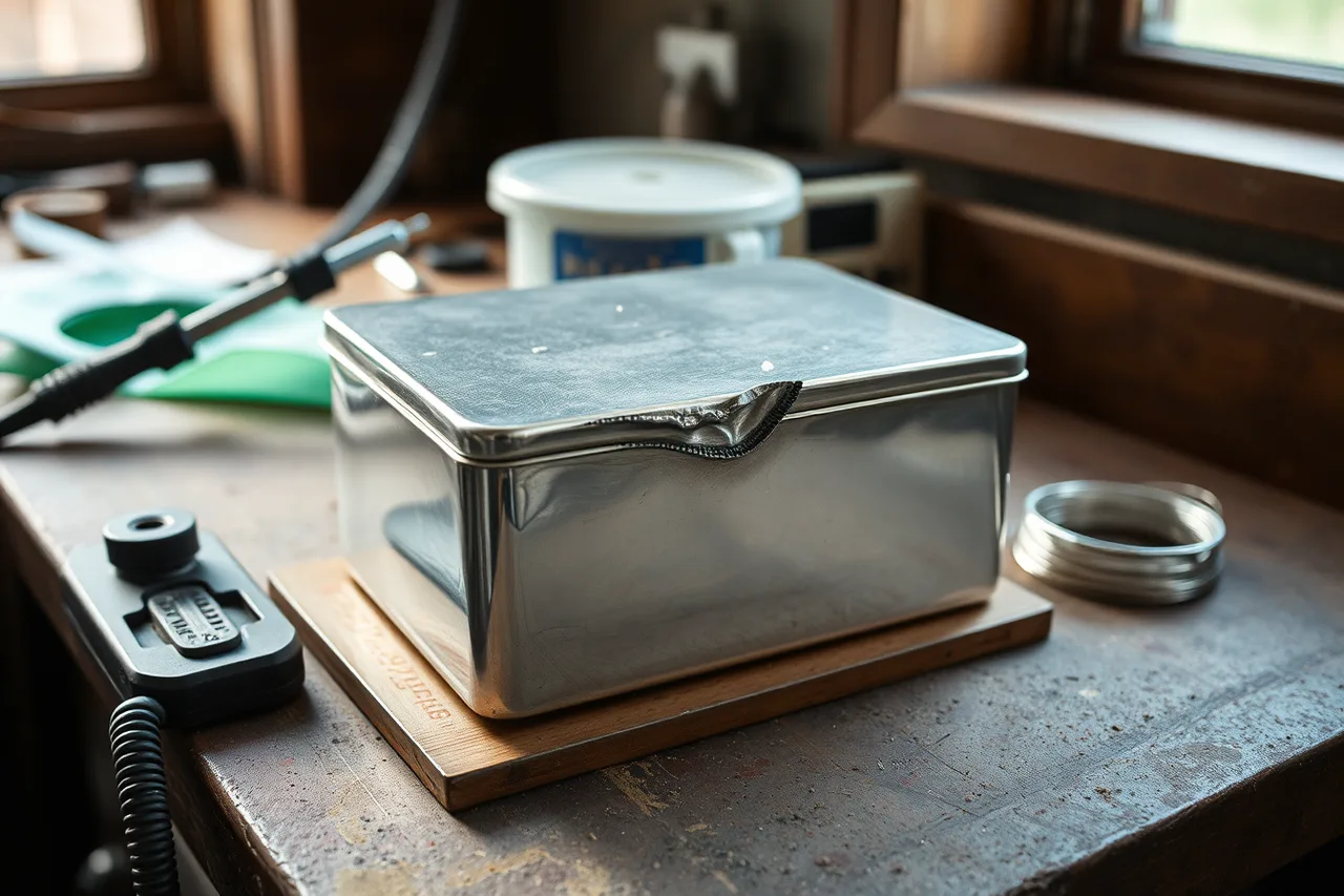 Silver box with failed seam and job traveler showing preheat photos (Diagnosing a failed sterling-silver box seam case)