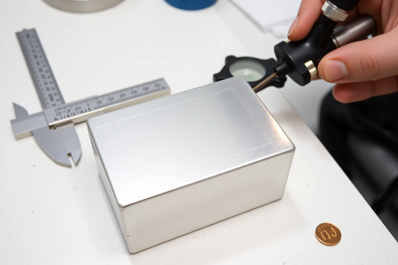 Refitted silver box with caliper measuring wall thickness during inspection (Diagnosing a failed sterling-silver box seam case)