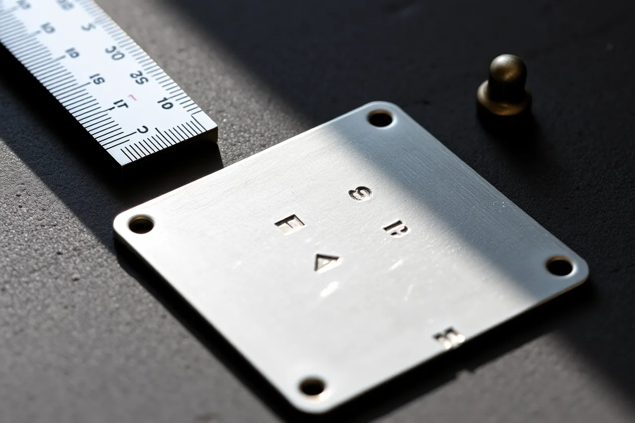 Stamped silver panel under raking light with scale and orientation arrow (Silver stamping problems: double strikes, drifting patterns and uneven depth)