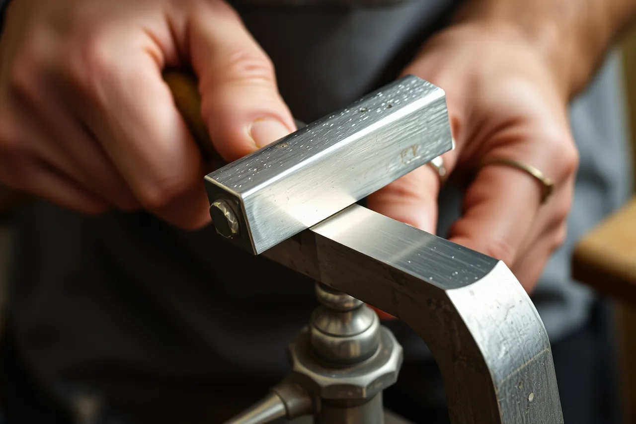 Silversmith hammering a silver strip on a polished support to forge the taper (Forming a tapered silver cuff from measured stock case)