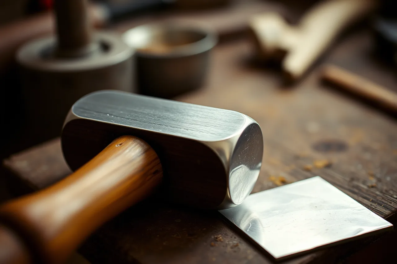 Silversmith's hammer with polished face and wooden handle on workbench (Silver forming checklist: hammer, stake, annealing, measurement and surface control)