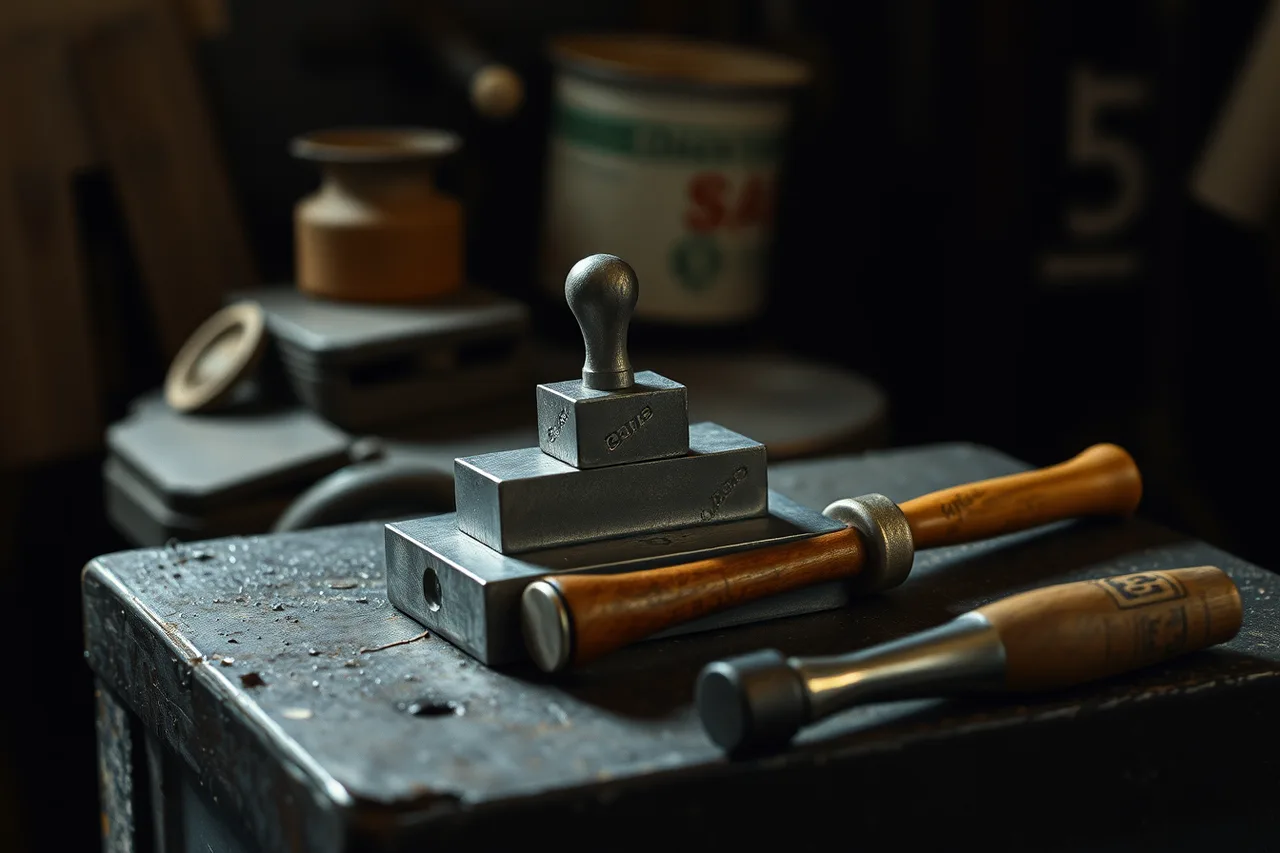Steel stamp positioned on silver blank before hammer strike (Silver decoration methods compared: hammer texture, stamping, chasing and engraving)