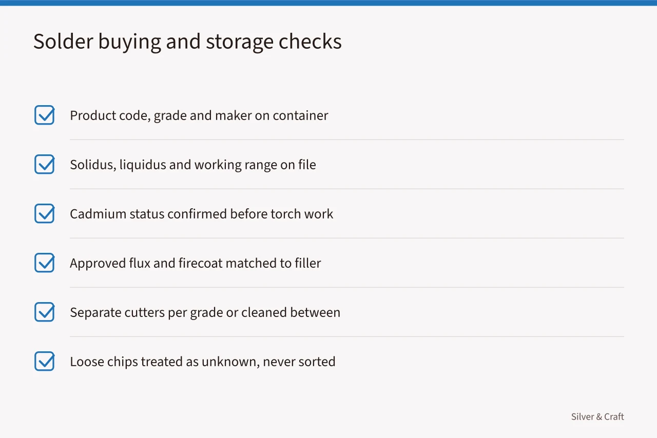 Checklist of solder purchase and storage records including melting range and cadmium status (Hard, medium, easy, and extra-easy silver solder compared)