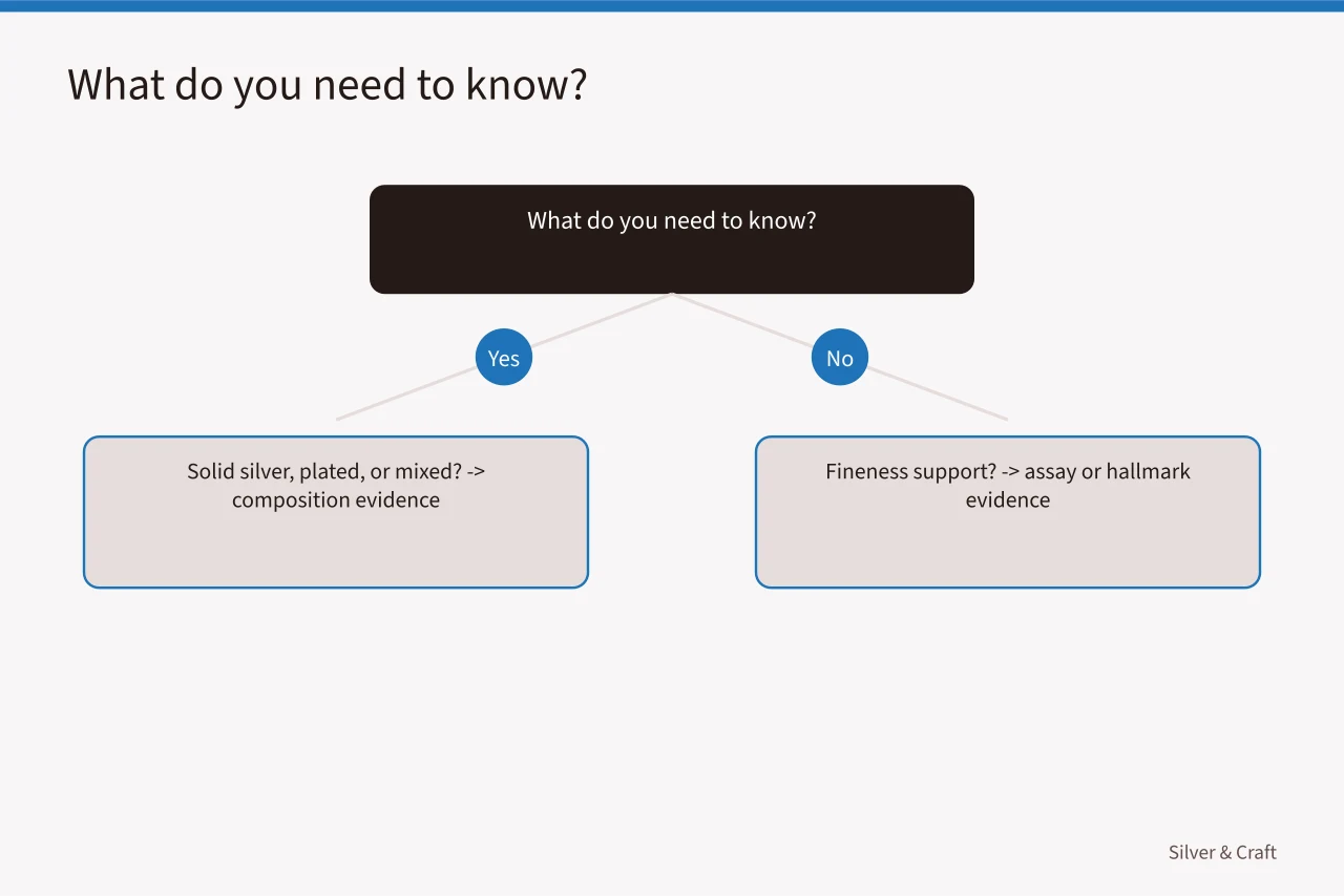 Decision tree matching evidence questions to suitable tests (How to identify and document an unknown silver-colored metal)