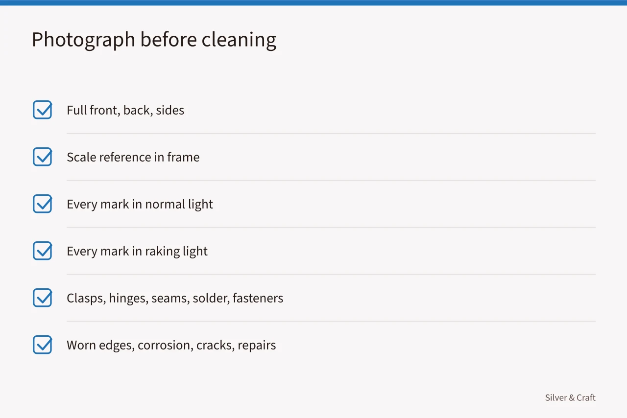 Checklist of required pre-cleaning photographs for metal objects (How to identify and document an unknown silver-colored metal)