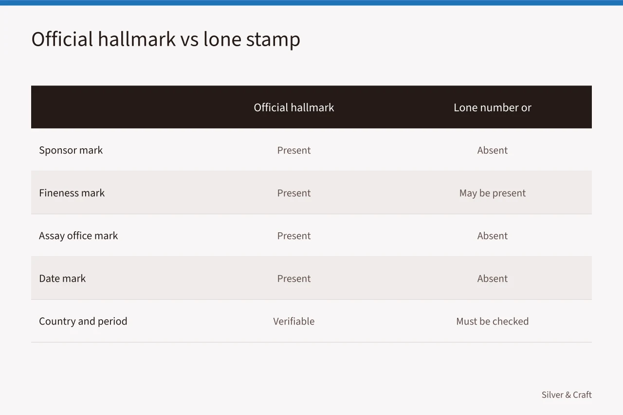 Comparison table of official hallmark components versus a lone stamp (How to identify and document an unknown silver-colored metal)
