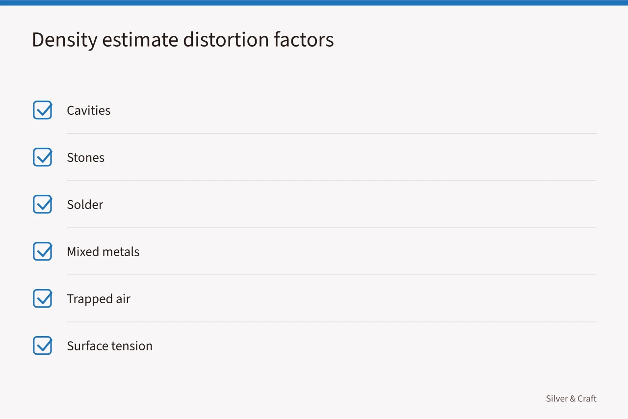 Checklist of factors that distort a density estimate (How to identify and document an unknown silver-colored metal)