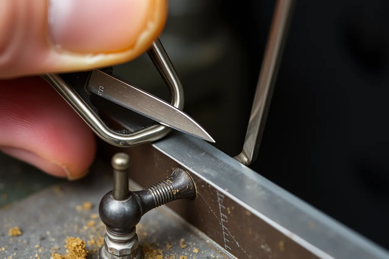 Jeweler's saw cutting a curved outline in sheet metal on a bench pin (Jeweler's saw, snips, disc cutter, and powered cutting methods compared)