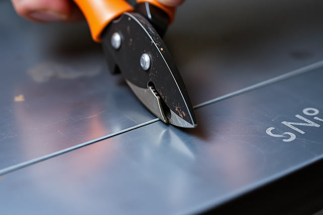 Hand snips shearing sheet metal, waste side curling and jaw marks visible (Jeweler's saw, snips, disc cutter, and powered cutting methods compared)