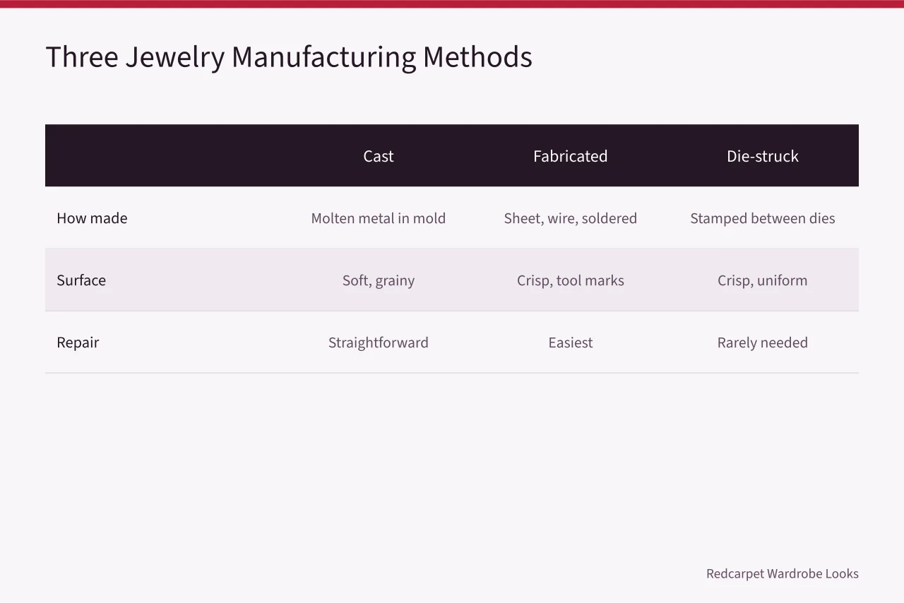 Comparison table of cast, fabricated, and die-struck jewelry methods (5 things about jewelry and watches styles worth your time)