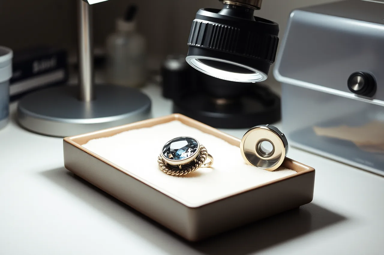 Silver jewellery piece in a lined tray under inspection light (Loose stones, chipped edges, uneven bezels, tool slips, and trapped debris)