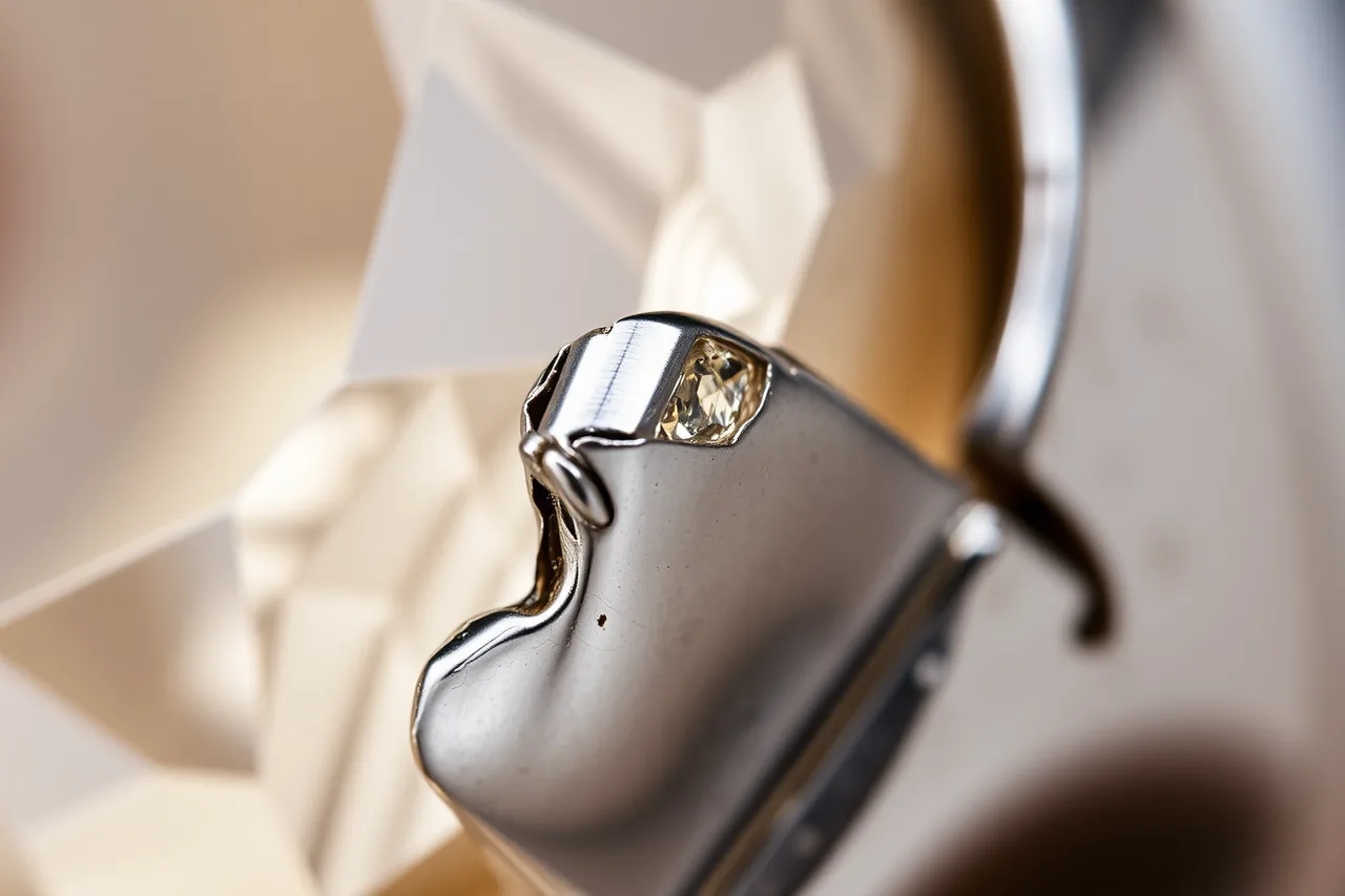 Macro view of a chipped gemstone edge in silver setting (Loose stones, chipped edges, uneven bezels, tool slips, and trapped debris)