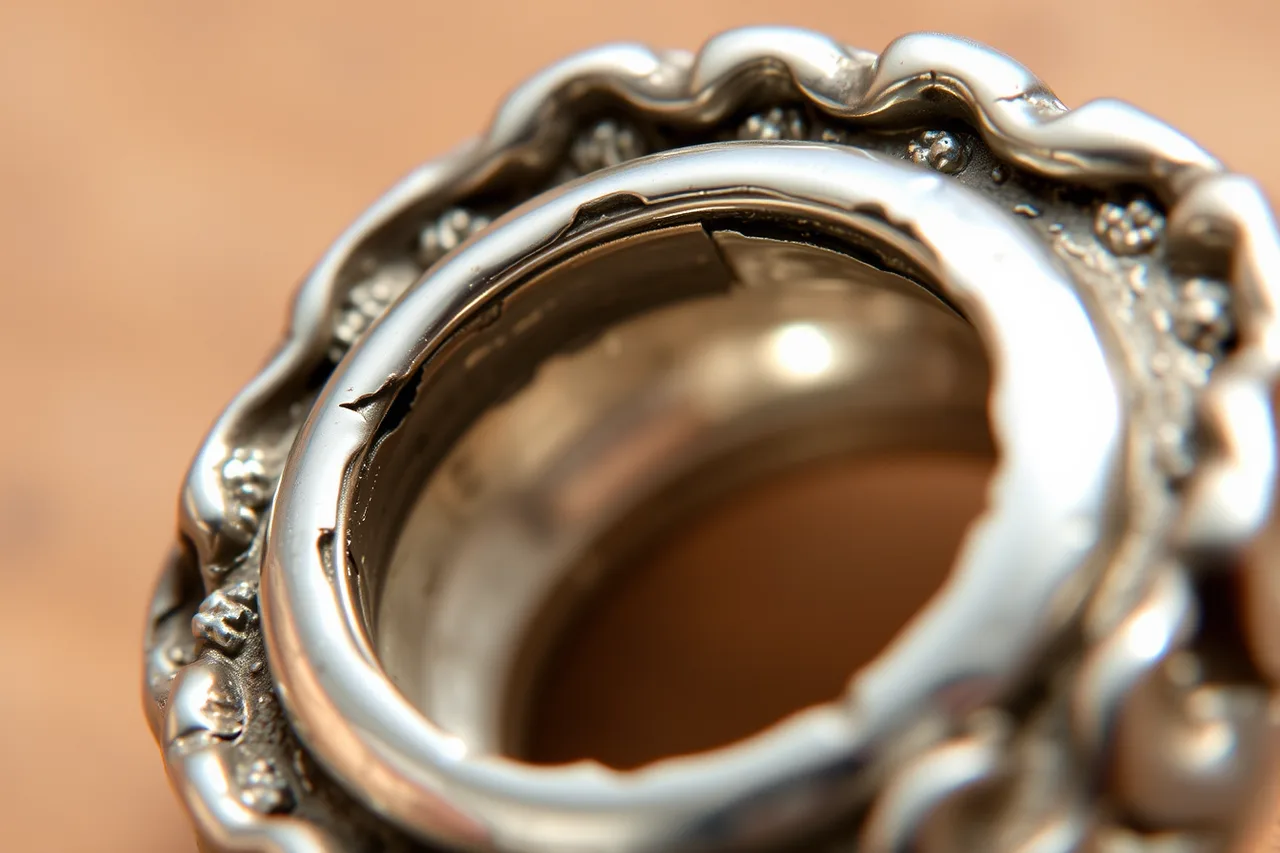 Uneven silver bezel wall with gaps and wavy edge (Loose stones, chipped edges, uneven bezels, tool slips, and trapped debris)
