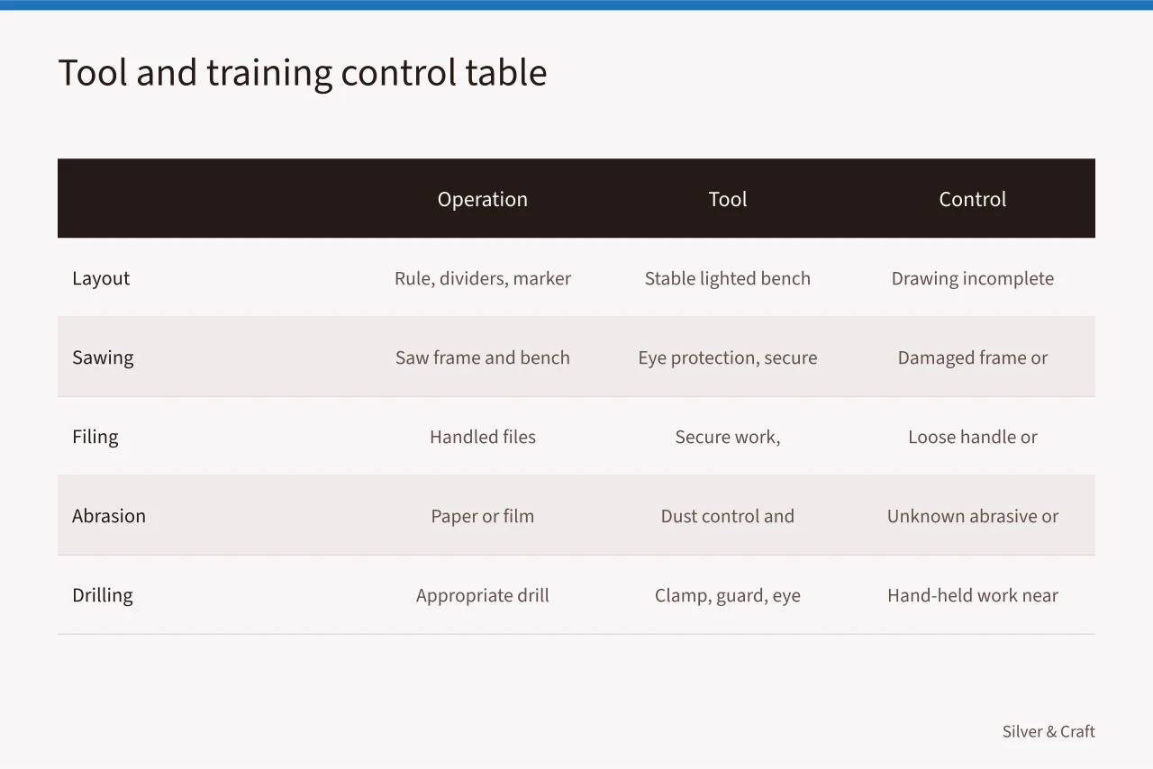 Table mapping workshop operations to tools, controls, and stop conditions (How to plan a first silver workshop project)