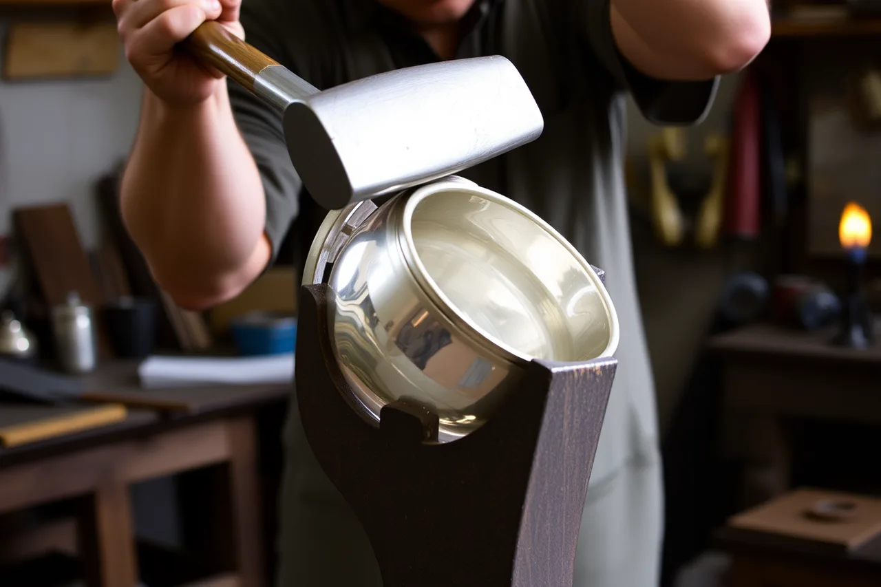 Silversmith hammering a silver vessel on a contoured stake (Raising, sinking, forging, bending, and die forming compared)