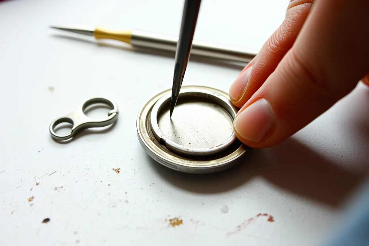 Jeweler cutting old bezel wall from pendant backing (Rebuilding an undersized silver bezel for a cabochon case)