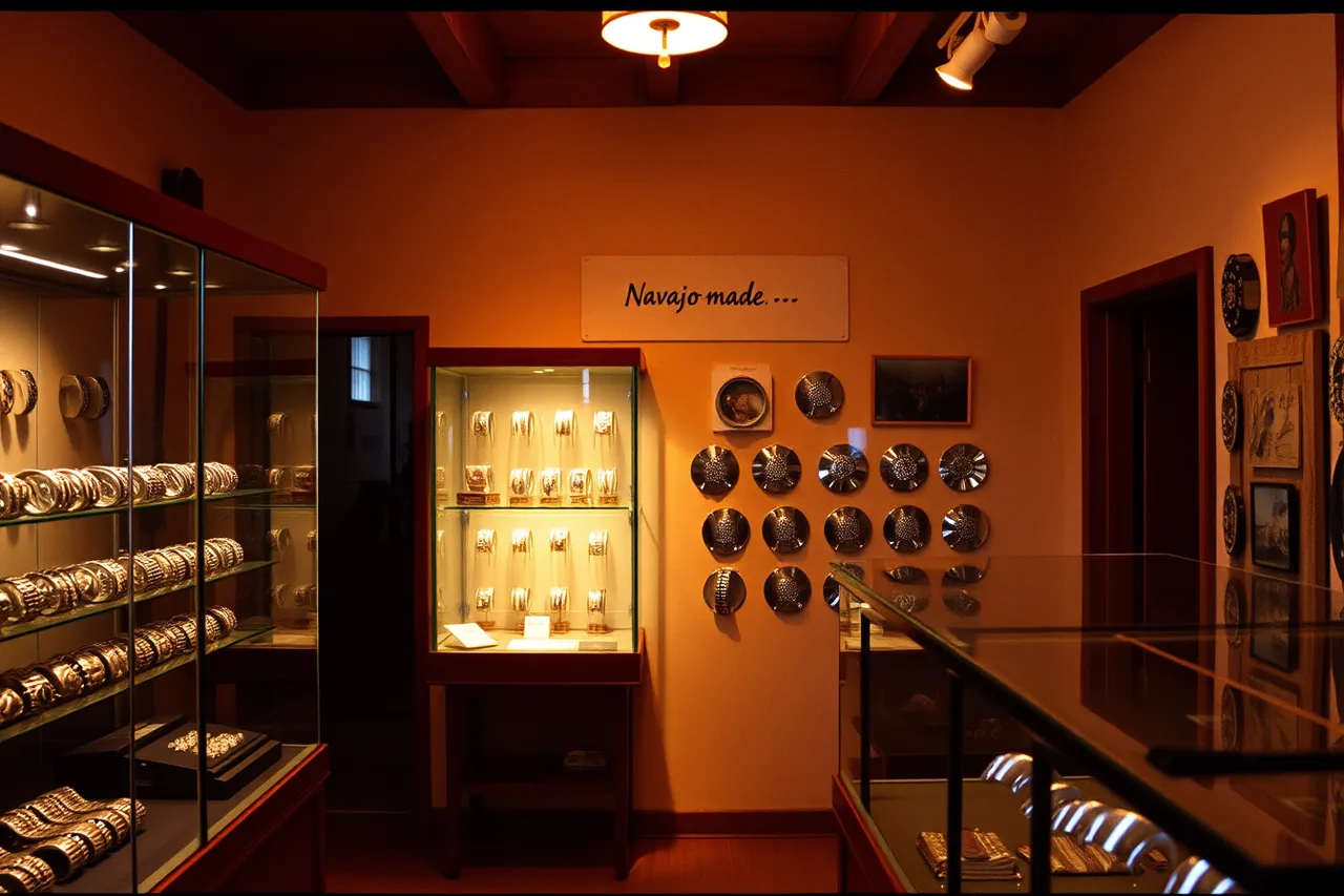 Santa Fe gallery case displaying Navajo silver jewelry with labels (How Santa Fe and Tucson markets apply the Indian Arts and Crafts Act to silver)