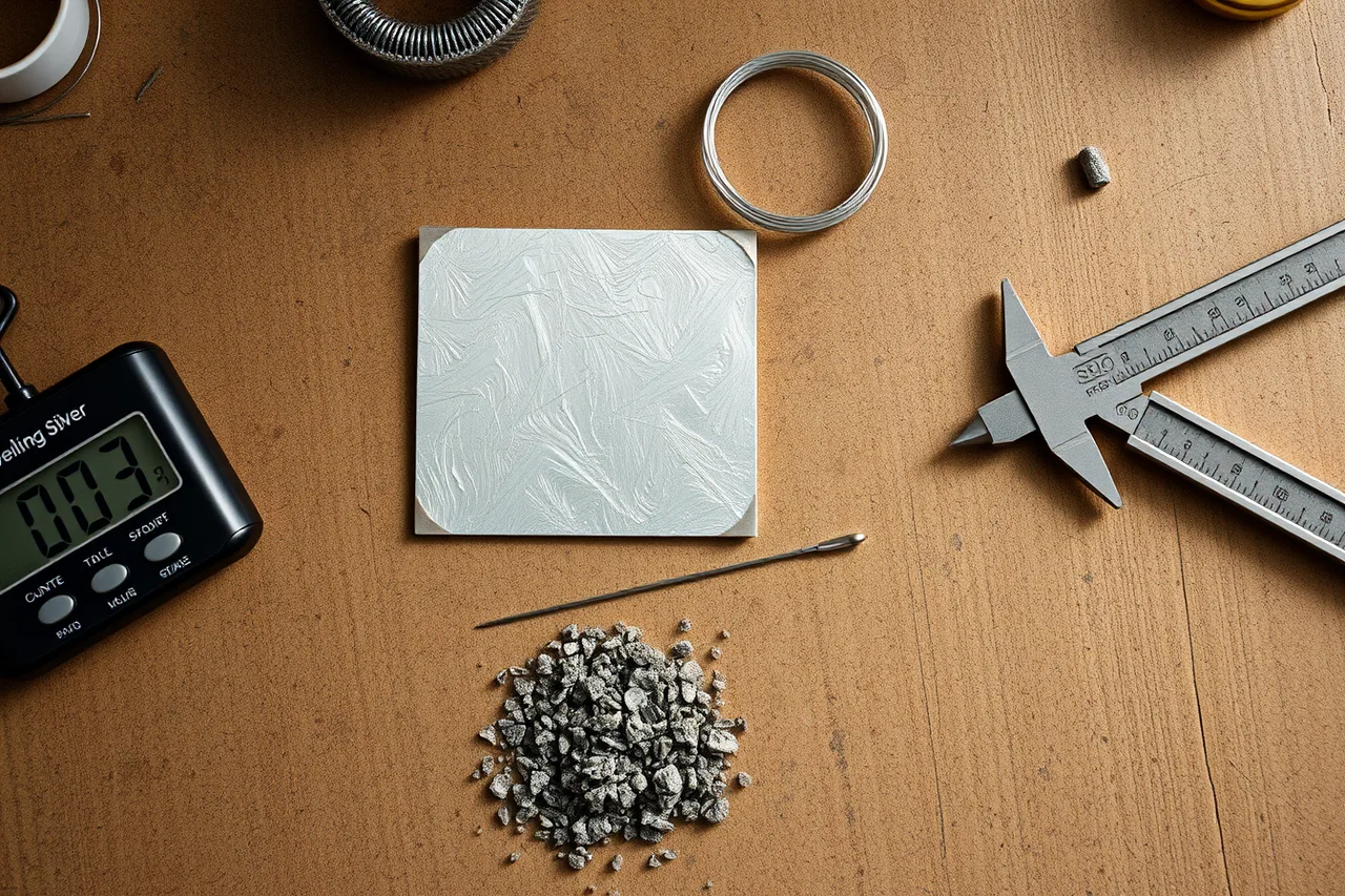 Sterling silver sheet, wire and casting grain on a jeweler's bench (Sourcing sterling silver and tools in the US from Rio Grande and regional refiners)